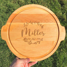 Load image into Gallery viewer, Personalized Round Maple Cutting Board with Handles and Juice Grooves
