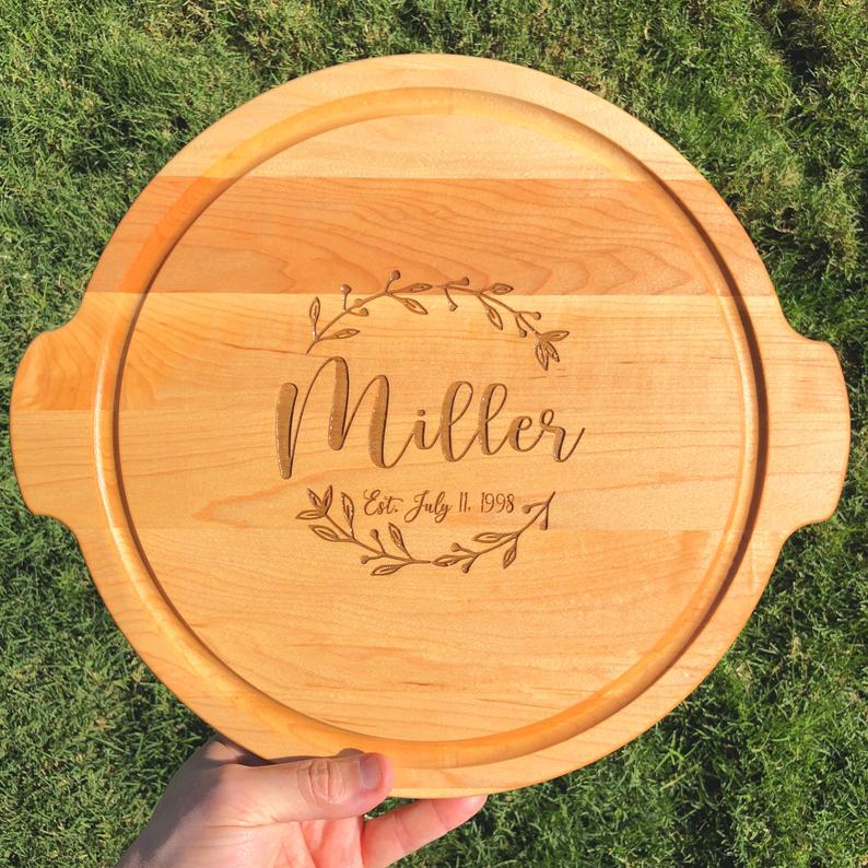 Personalized Round Maple Cutting Board with Handles and Juice Grooves